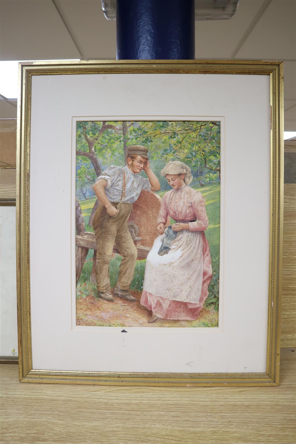 Attributed to Charles Sillen Lidderdale, watercolour, Courting couple in an orchard, monogrammed and dated 98, 34 x 24cm